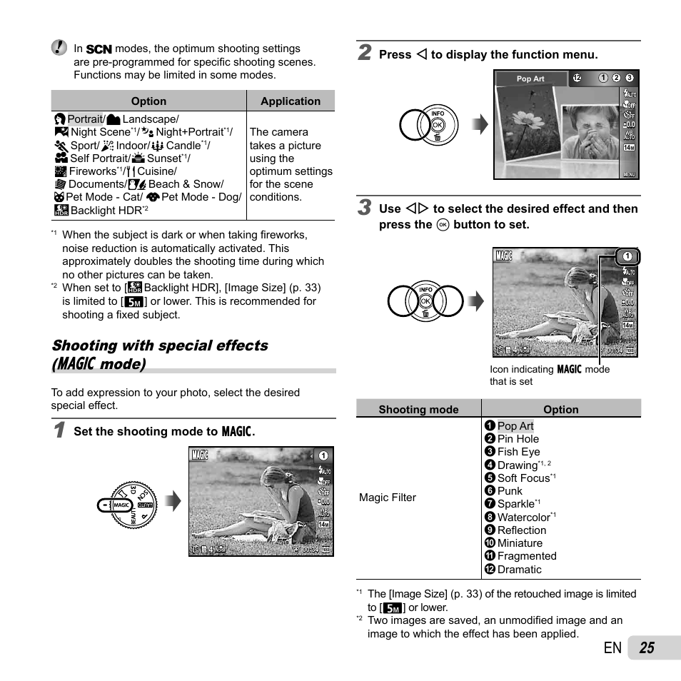 25 en, Shooting with special effects ( p mode) | Olympus SP-720UZ User Manual | Page 25 / 76