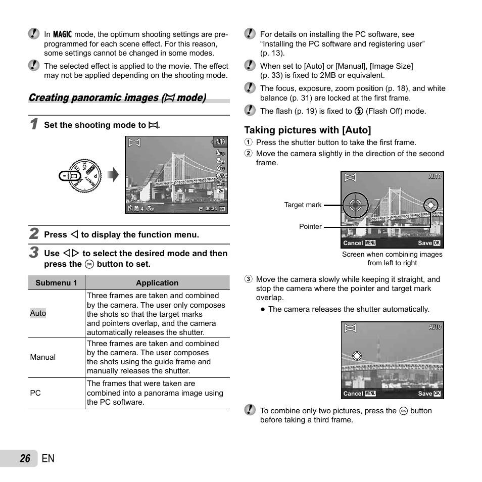 26 en, Creating panoramic images ( p mode), Taking pictures with [auto | Olympus SP-720UZ User Manual | Page 26 / 76