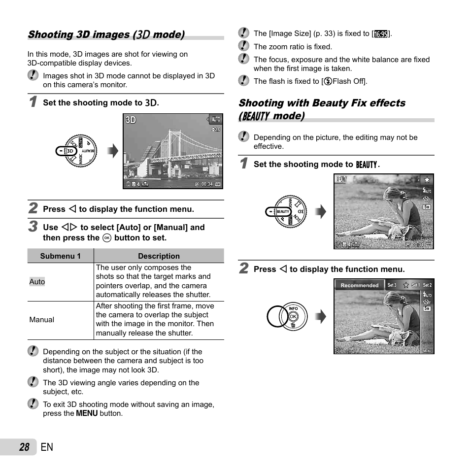 28 en, Shooting 3d images ( w mode), Shooting with beauty fix effects ( q mode) | Olympus SP-720UZ User Manual | Page 28 / 76