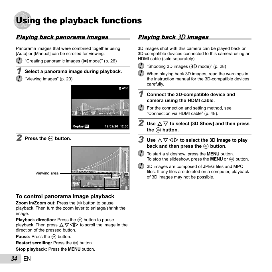 Using the playback functions, 34 en, Playing back panorama images | Playing back w images | Olympus SP-720UZ User Manual | Page 34 / 76