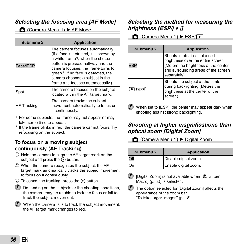 36 en, Selecting the focusing area [af mode, Selecting the focusing area [af mode] z | Olympus SP-720UZ User Manual | Page 36 / 76