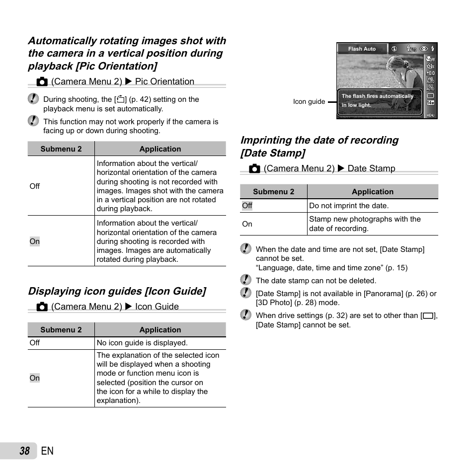 38 en, Displaying icon guides [icon guide, Displaying icon guides [icon guide] z | Olympus SP-720UZ User Manual | Page 38 / 76