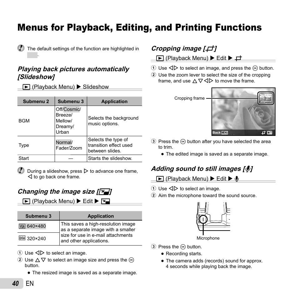 40 en, Changing the image size, Changing the image size [ q q | Cropping image, Cropping image [ p p | Olympus SP-720UZ User Manual | Page 40 / 76