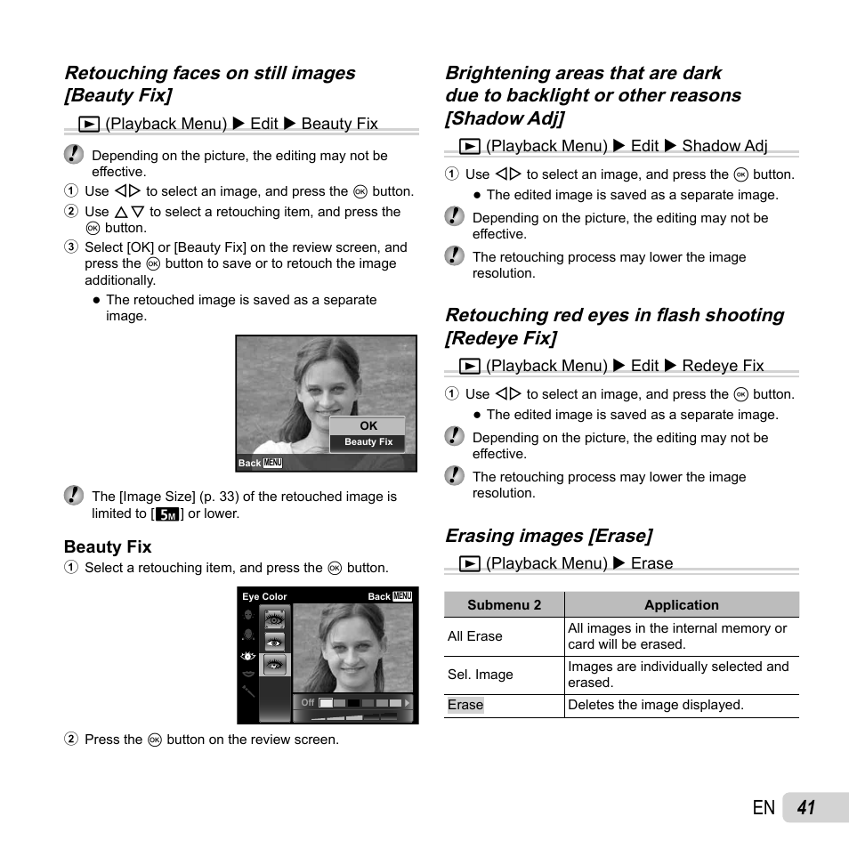 41 en, Erasing images [erase | Olympus SP-720UZ User Manual | Page 41 / 76