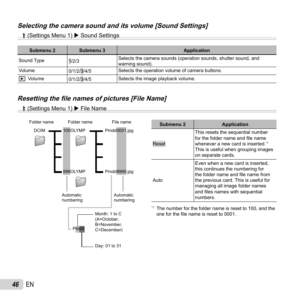 46 en, Resetting the fi le names of pictures [file name | Olympus SP-720UZ User Manual | Page 46 / 76