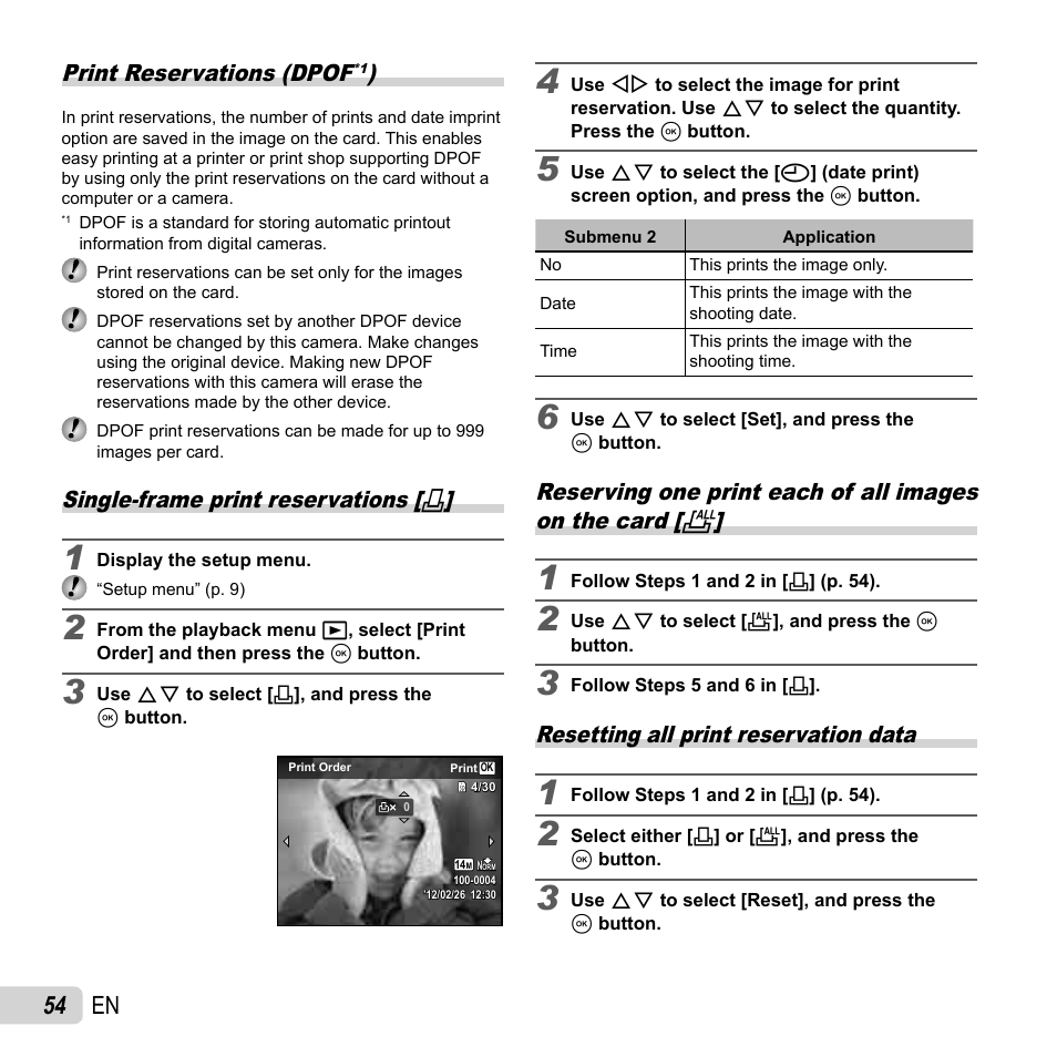 54 en, Print reservations (dpof, Single-frame print reservations | Resetting all print reservation data | Olympus SP-720UZ User Manual | Page 54 / 76