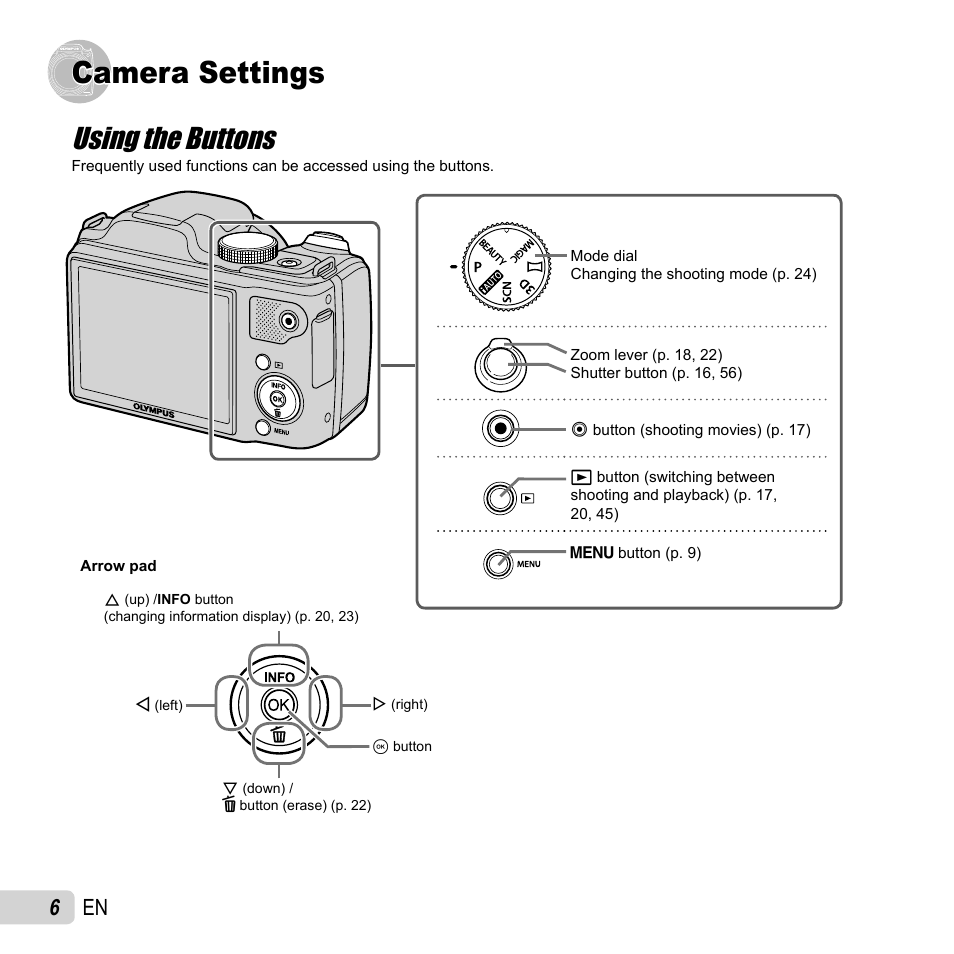 Camera settings, Using the buttons, 6 en | Olympus SP-720UZ User Manual | Page 6 / 76