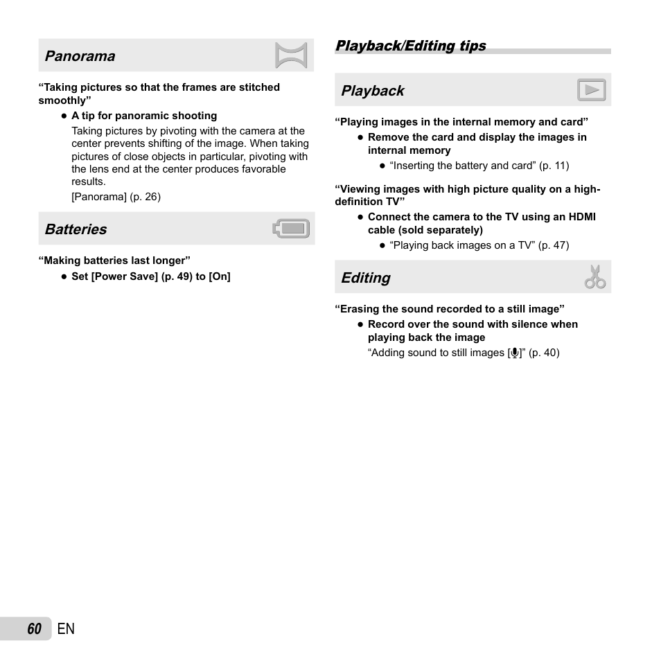 60 en, Panorama, Batteries | Playback/editing tips playback, Editing | Olympus SP-720UZ User Manual | Page 60 / 76