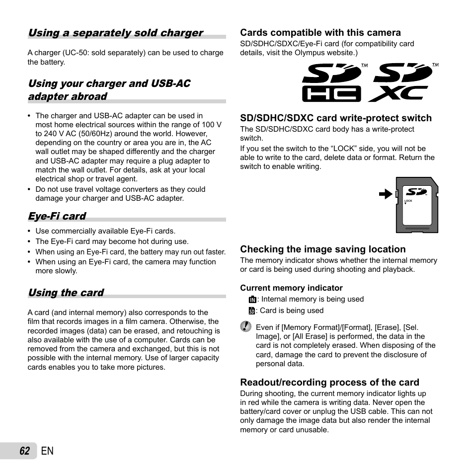 62 en, Using a separately sold charger, Using your charger and usb-ac adapter abroad | Eye-fi card, Using the card | Olympus SP-720UZ User Manual | Page 62 / 76