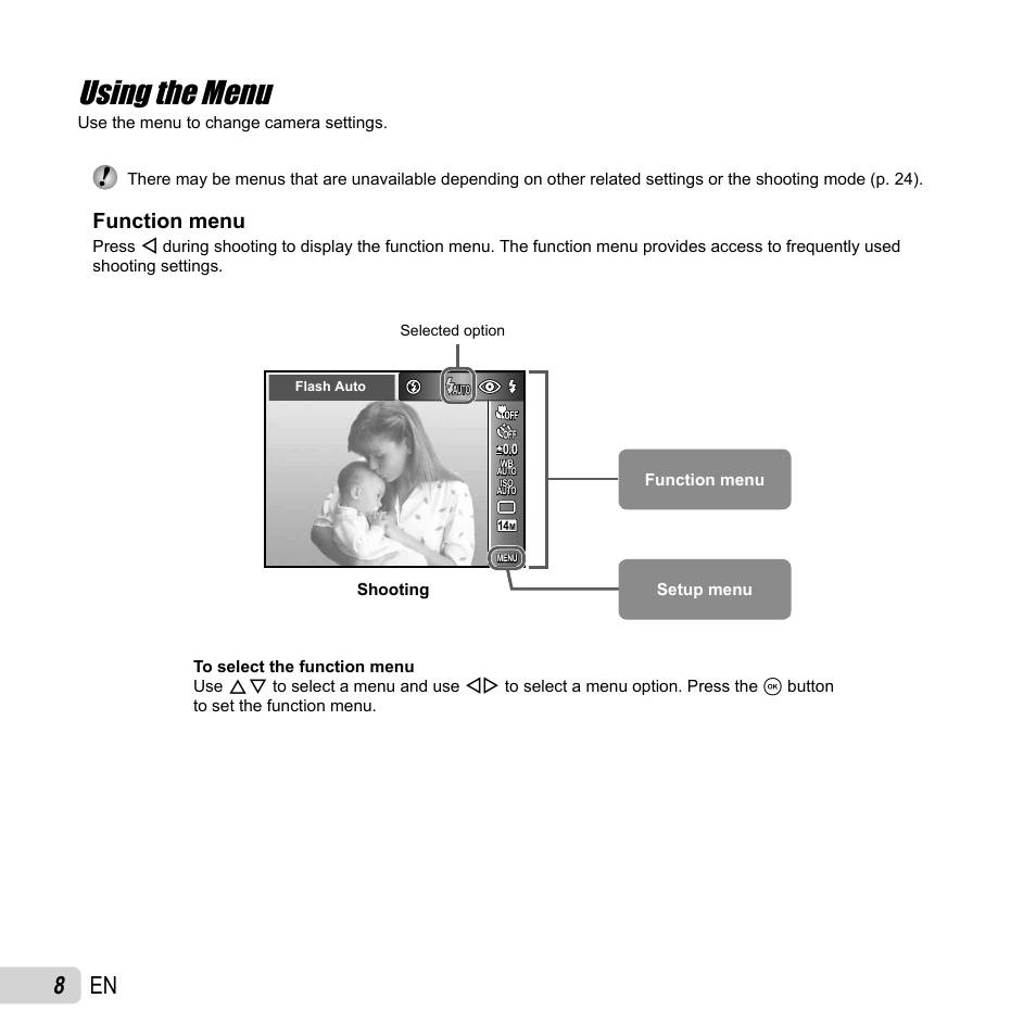 Using the menu, 8 en, Function menu | Olympus SP-720UZ User Manual | Page 8 / 76