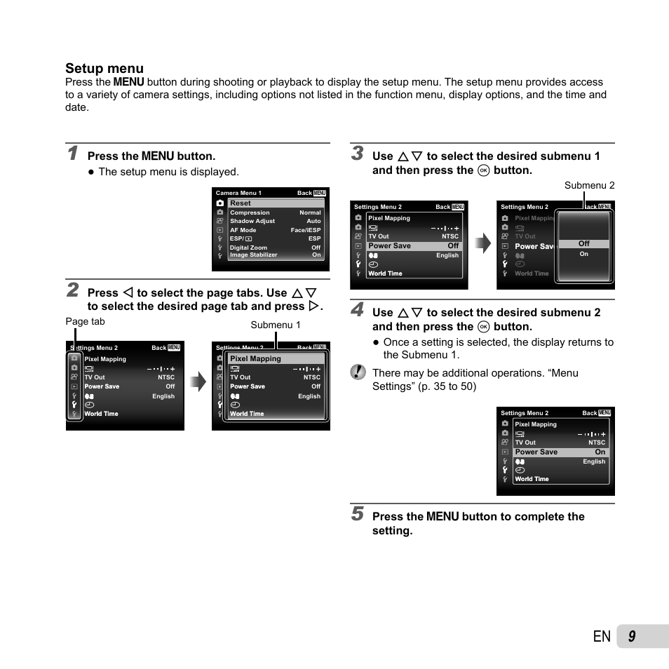 Setup menu, Press the  button, Press the  button to complete the setting | The setup menu is displayed | Olympus SP-720UZ User Manual | Page 9 / 76