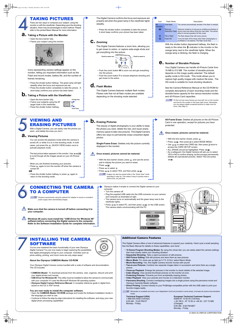 Viewing and erasing pictures, Taking pictures, Installing the camera software | Connecting the camera to a computer | Olympus Stylus 410 Digital User Manual | Page 2 / 2