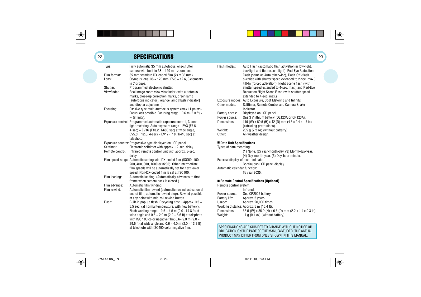 Specifications | Olympus Stylus 120 User Manual | Page 12 / 13