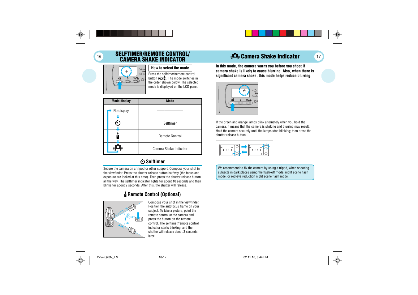 Selftimer/remote control/ camera shake indicator, Camera shake indicator | Olympus Stylus 120 User Manual | Page 9 / 13
