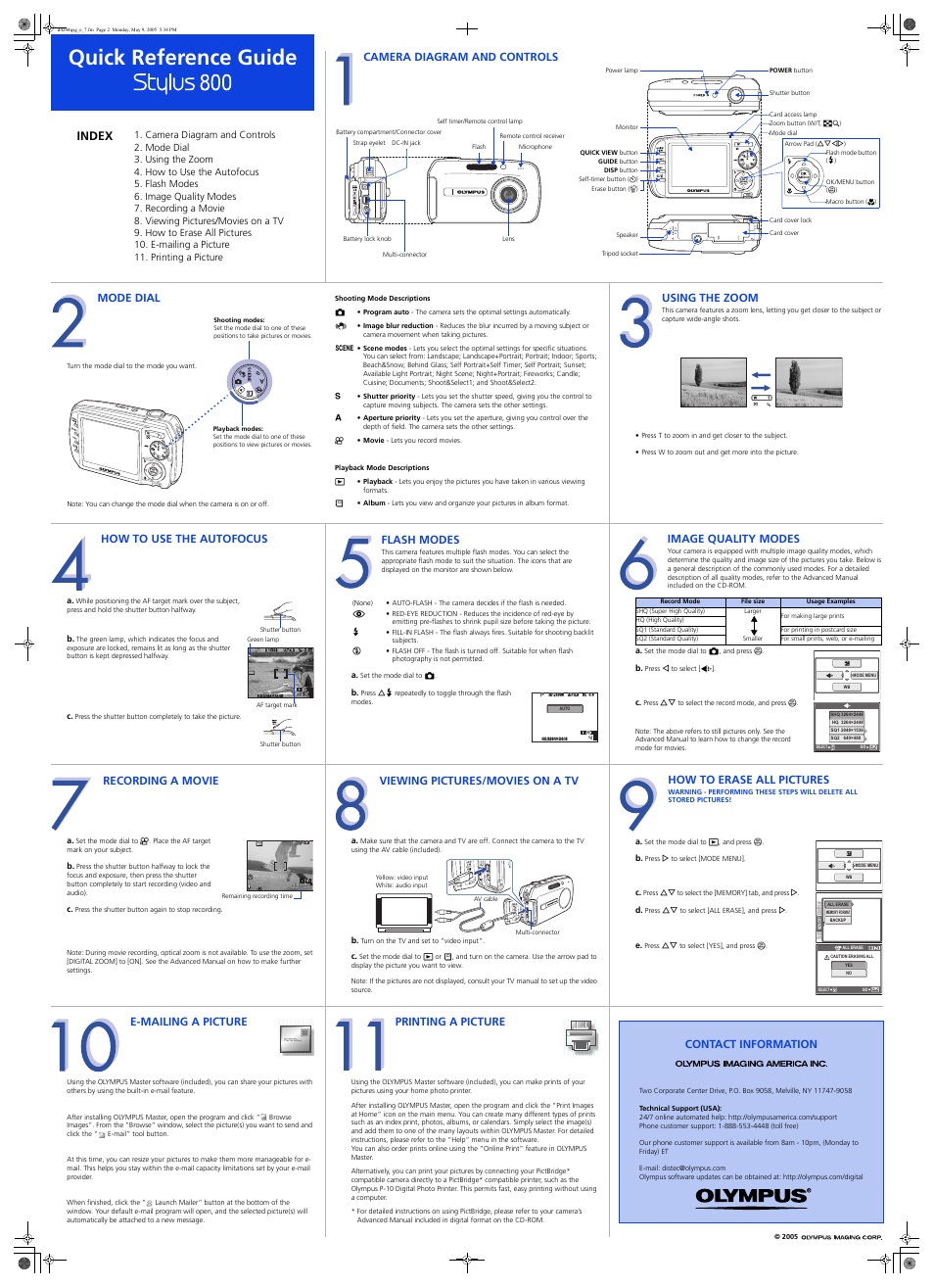 Quick reference guide, Index, Camera diagram and controls | Mode dial, How to use the autofocus, Flash modes, Image quality modes, Recording a movie, Viewing pictures/movies on a tv, How to erase all pictures | Olympus Stylus 800 Digital User Manual | Page 2 / 2