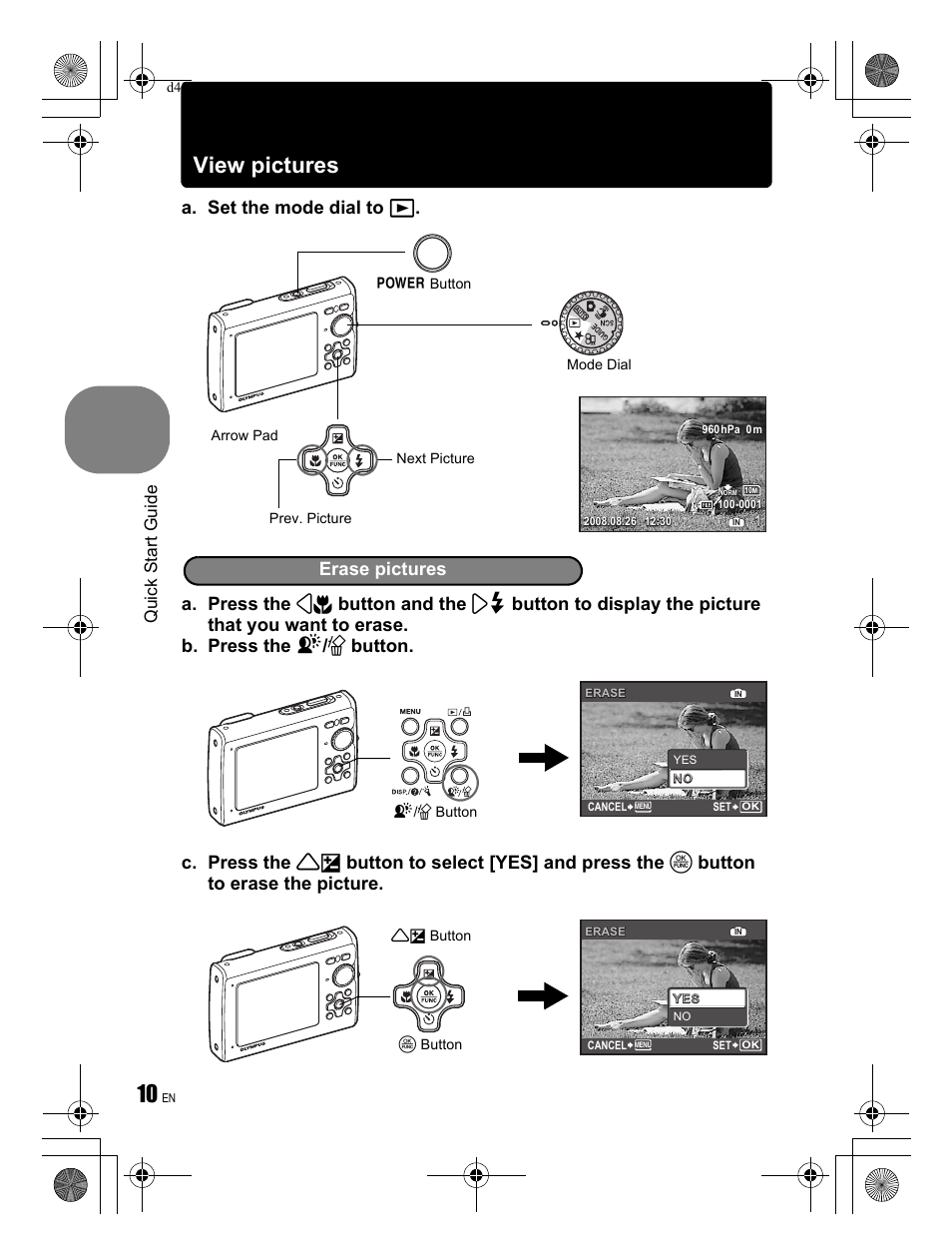View pictures, Erase pictures, Qu ic k s ta rt gu id e | Olympus Stylus 1030 SW User Manual | Page 10 / 84
