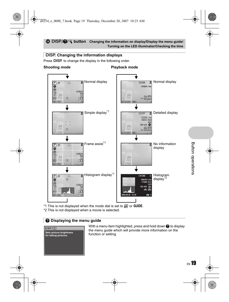 Butt on op erati o ns, G / e / y button, Shooting mode | Playback mode, Frame assist, Simple display, Normal display, Histogram display, Normal display detailed display, No information display histogram display | Olympus Stylus 1030 SW User Manual | Page 19 / 84