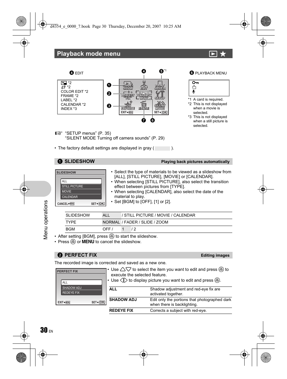 Playback mode menu q p, Menu ope rati ons, Slideshow | Perfect fix | Olympus Stylus 1030 SW User Manual | Page 30 / 84