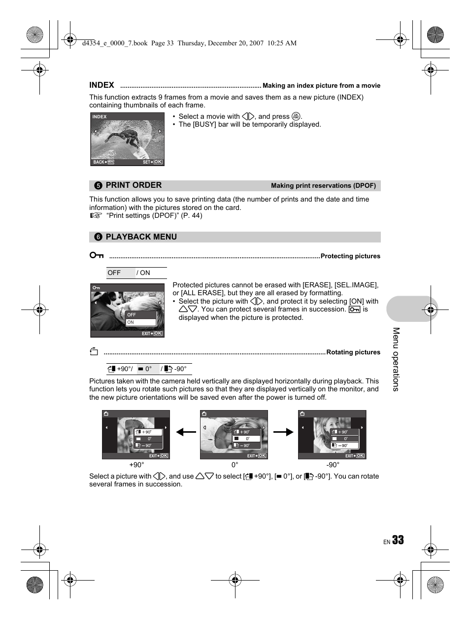Me nu opera tions, Index, Print order | Playback menu 0 | Olympus Stylus 1030 SW User Manual | Page 33 / 84