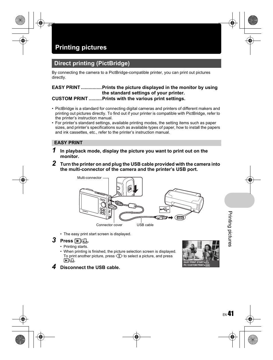 Printing pictures, Direct printing (pictbridge) | Olympus Stylus 1030 SW User Manual | Page 41 / 84