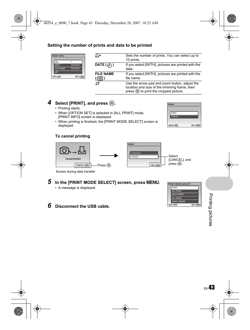 Pri n ting p ict ures, Select [print], and press o | Olympus Stylus 1030 SW User Manual | Page 43 / 84