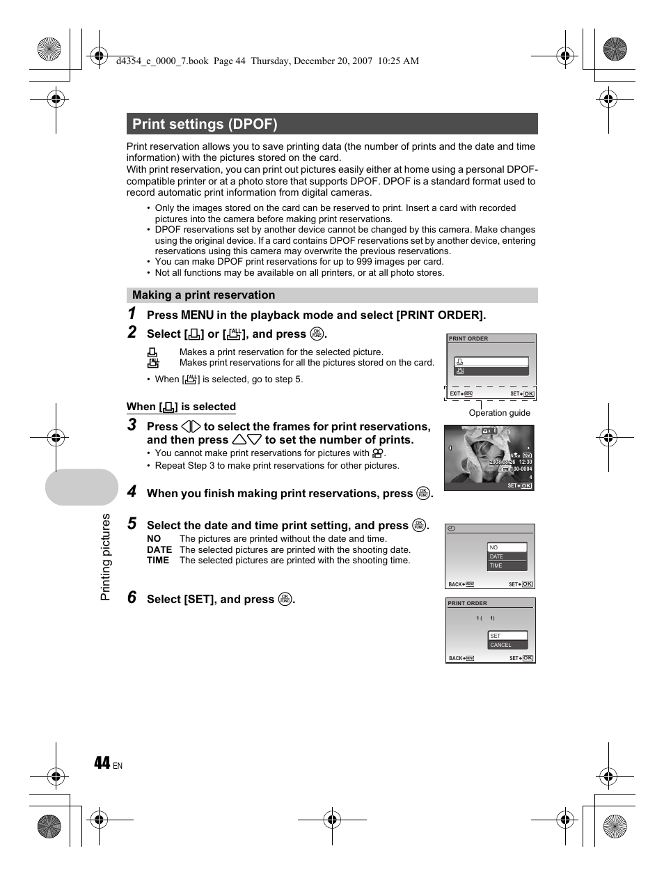 Print settings (dpof), Pri n ting pi ct ures, Select [ < ] or [ u ], and press o | When you finish making print reservations, press o, Select [set], and press o, Making a print reservation | Olympus Stylus 1030 SW User Manual | Page 44 / 84