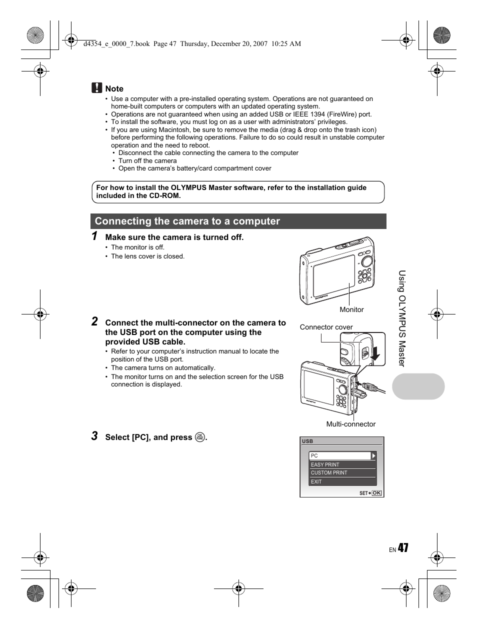 Connecting the camera to a computer | Olympus Stylus 1030 SW User Manual | Page 47 / 84