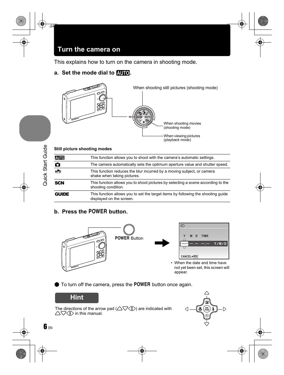Turn the camera on, Hint, B. press the o button | Olympus Stylus 1030 SW User Manual | Page 6 / 84