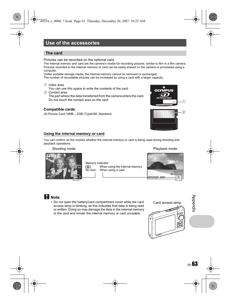 Use of the accessories, Ap pend ix, The card | Compatible cards | Olympus Stylus 1030 SW User Manual | Page 63 / 84