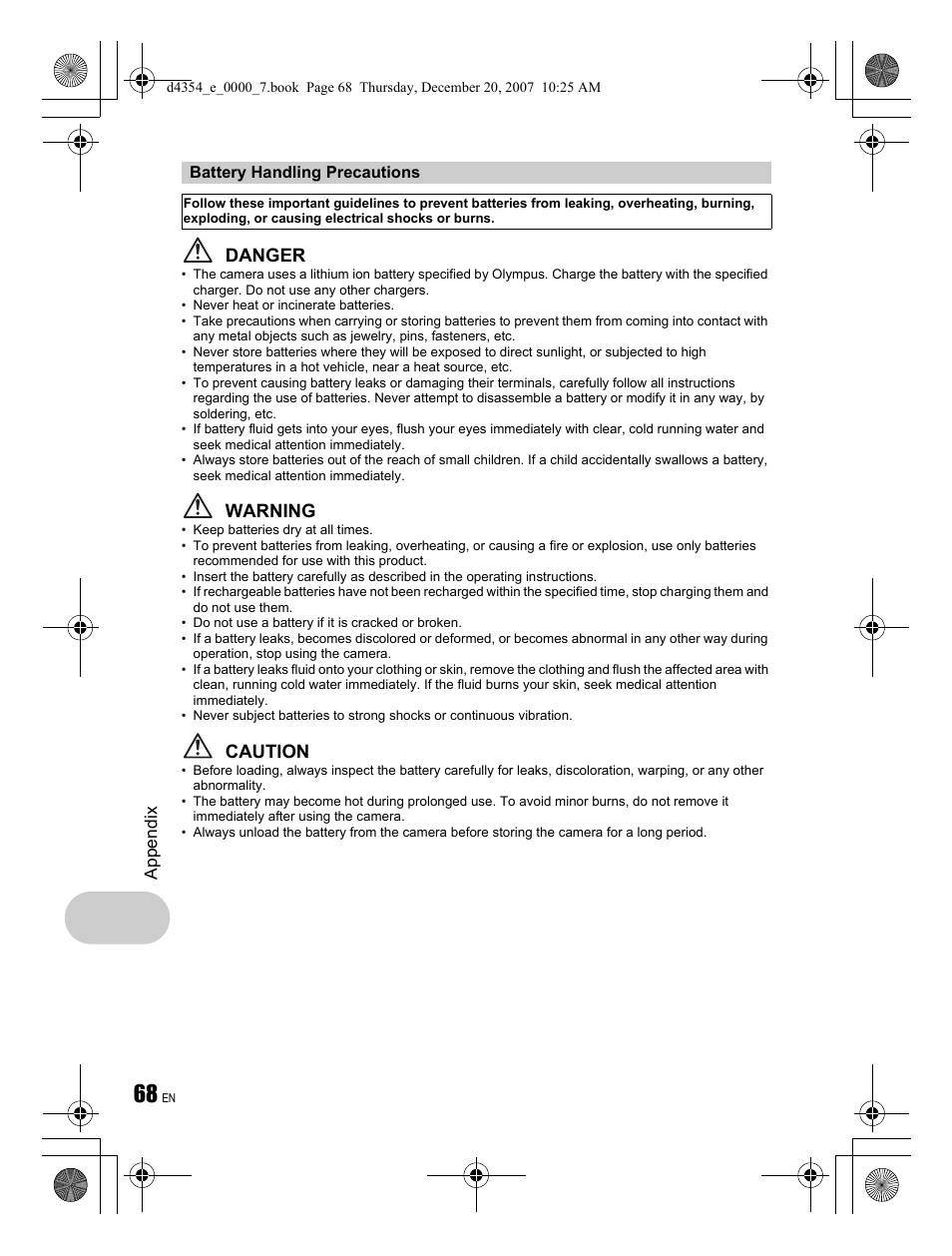 Danger, Warning, Caution | Olympus Stylus 1030 SW User Manual | Page 68 / 84