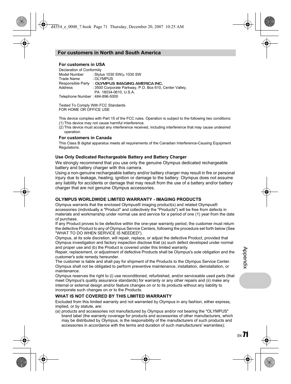 Ap pend ix | Olympus Stylus 1030 SW User Manual | Page 71 / 84