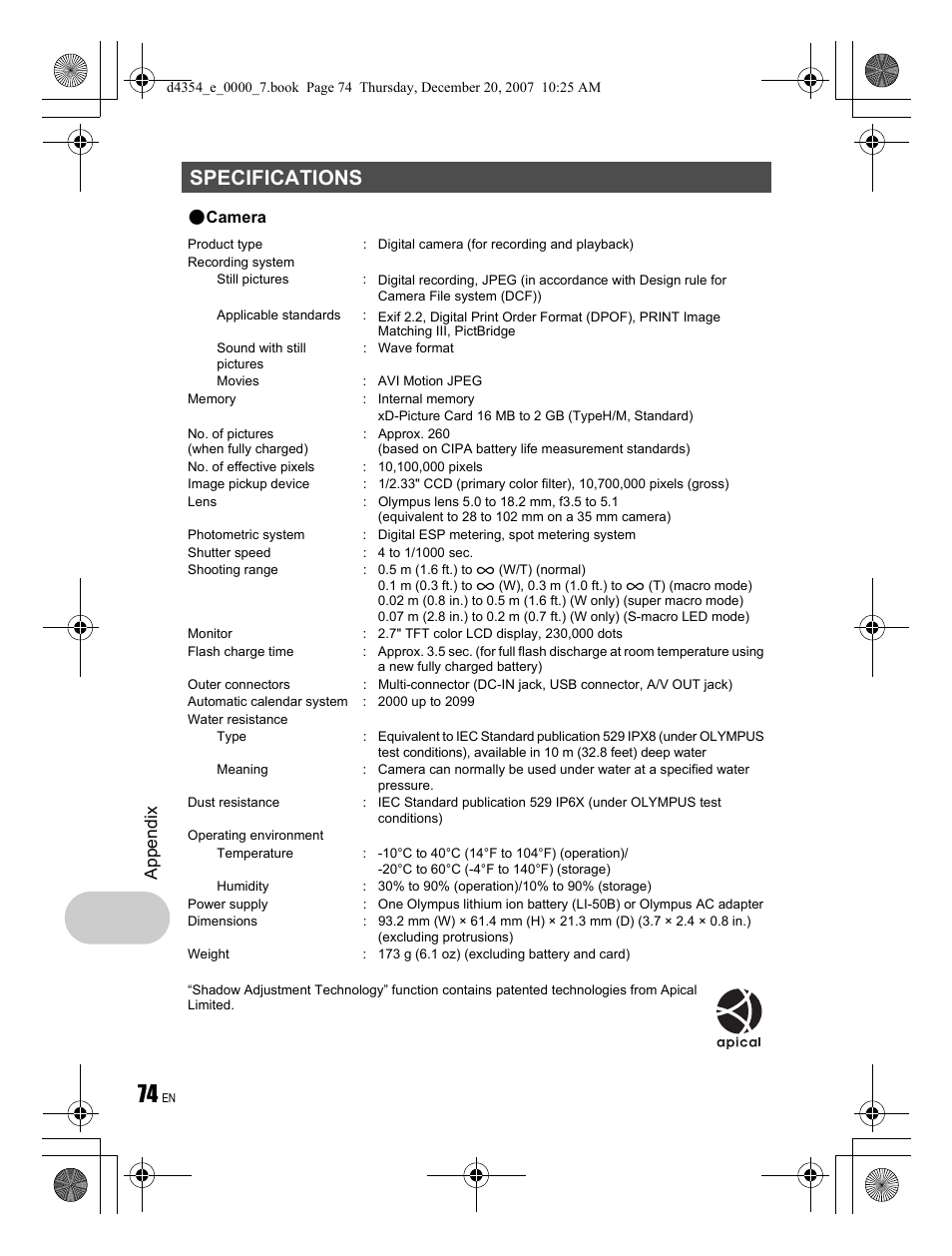 Specifications, App endi x | Olympus Stylus 1030 SW User Manual | Page 74 / 84