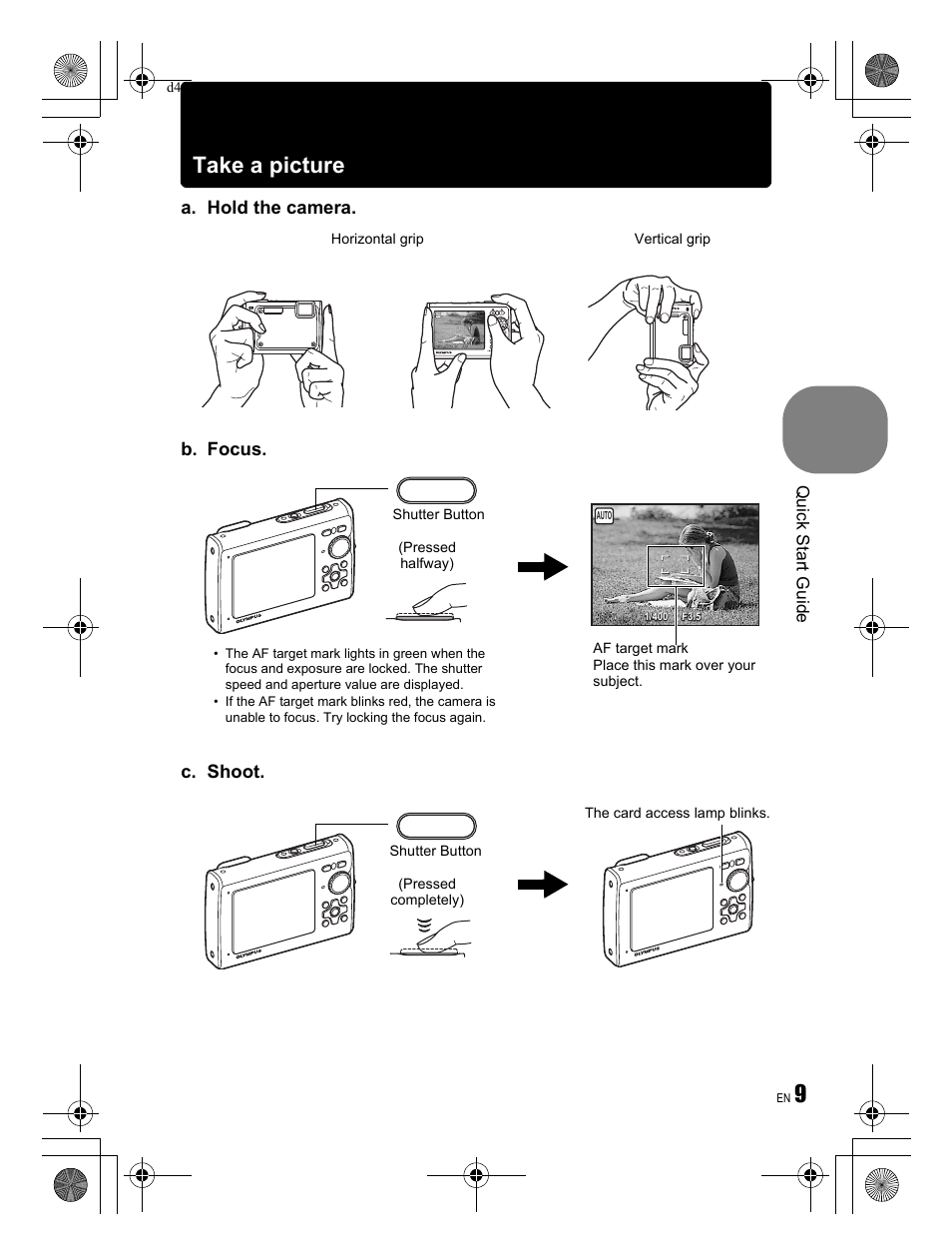 Take a picture, A. hold the camera. c. shoot, B. focus | Quick start guide | Olympus Stylus 1030 SW User Manual | Page 9 / 84