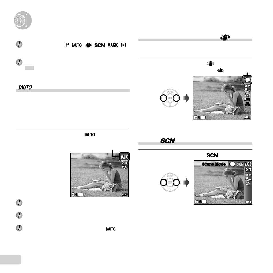 Using shooting modes, 26 en, Shooting with automatic settings ( m mode) | Reducing blur on shooting ( n mode) | Olympus VG-130 User Manual | Page 26 / 76