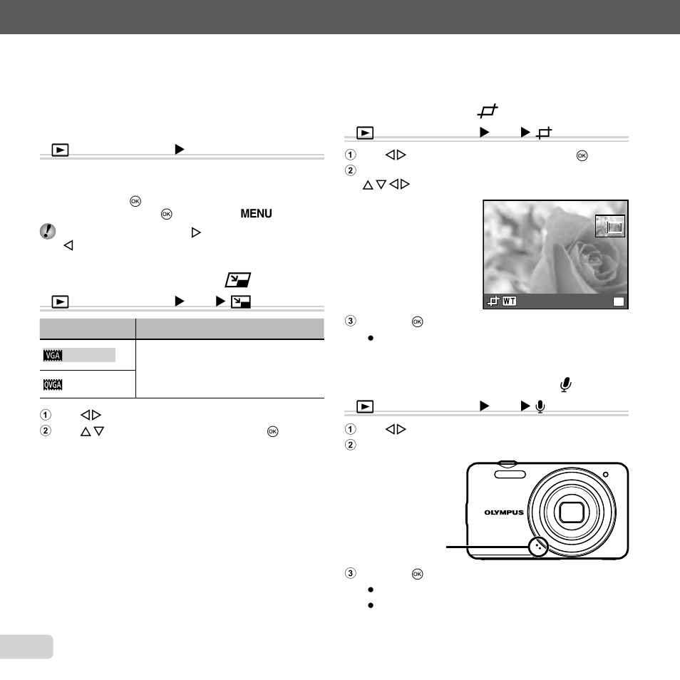 38 en, Changing the image size, Changing the image size [ q q | Cropping images, Cropping images [ p p | Olympus VG-130 User Manual | Page 38 / 76