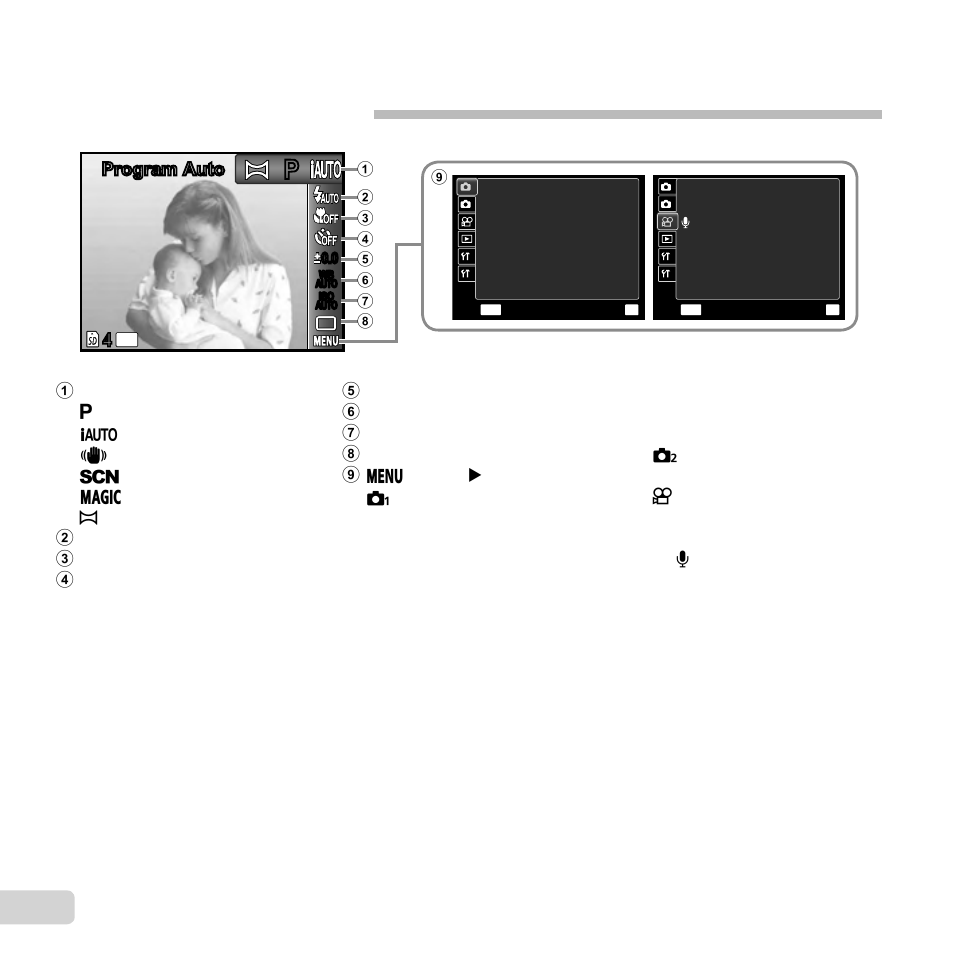 Menu index, Menus for shooting functions, 6 en | Program auto | Olympus VG-130 User Manual | Page 6 / 76