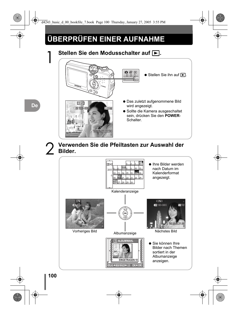 Überprüfen einer aufnahme, Stellen sie den modusschalter auf q, 100 de | Olympus IR-300 User Manual | Page 100 / 108