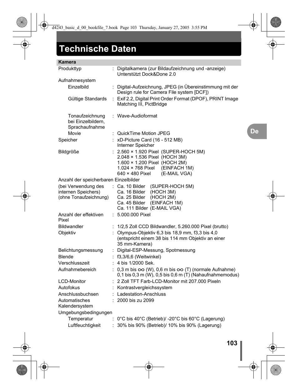 Technische daten, 103 de | Olympus IR-300 User Manual | Page 103 / 108