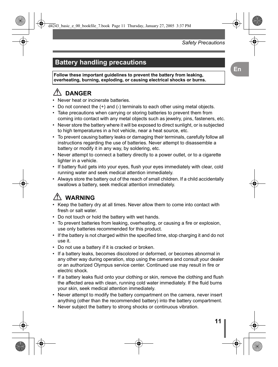 Battery handling precautions | Olympus IR-300 User Manual | Page 11 / 108