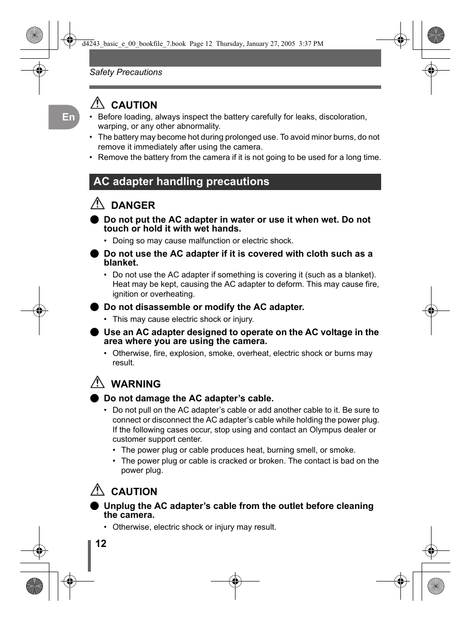 Ac adapter handling precautions | Olympus IR-300 User Manual | Page 12 / 108