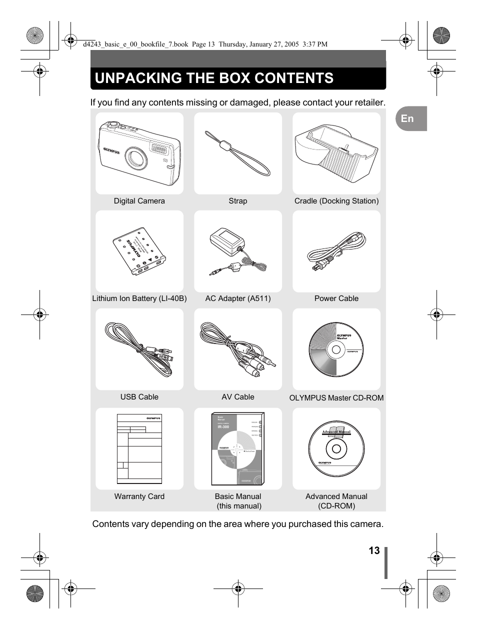 Unpacking the box contents, 13 en | Olympus IR-300 User Manual | Page 13 / 108