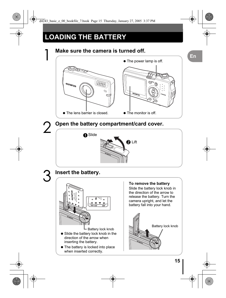 Loading the battery | Olympus IR-300 User Manual | Page 15 / 108