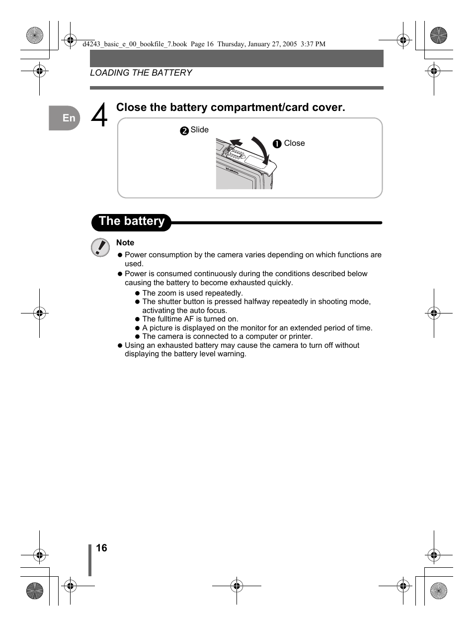 No the battery, Close the battery compartment/card cover | Olympus IR-300 User Manual | Page 16 / 108