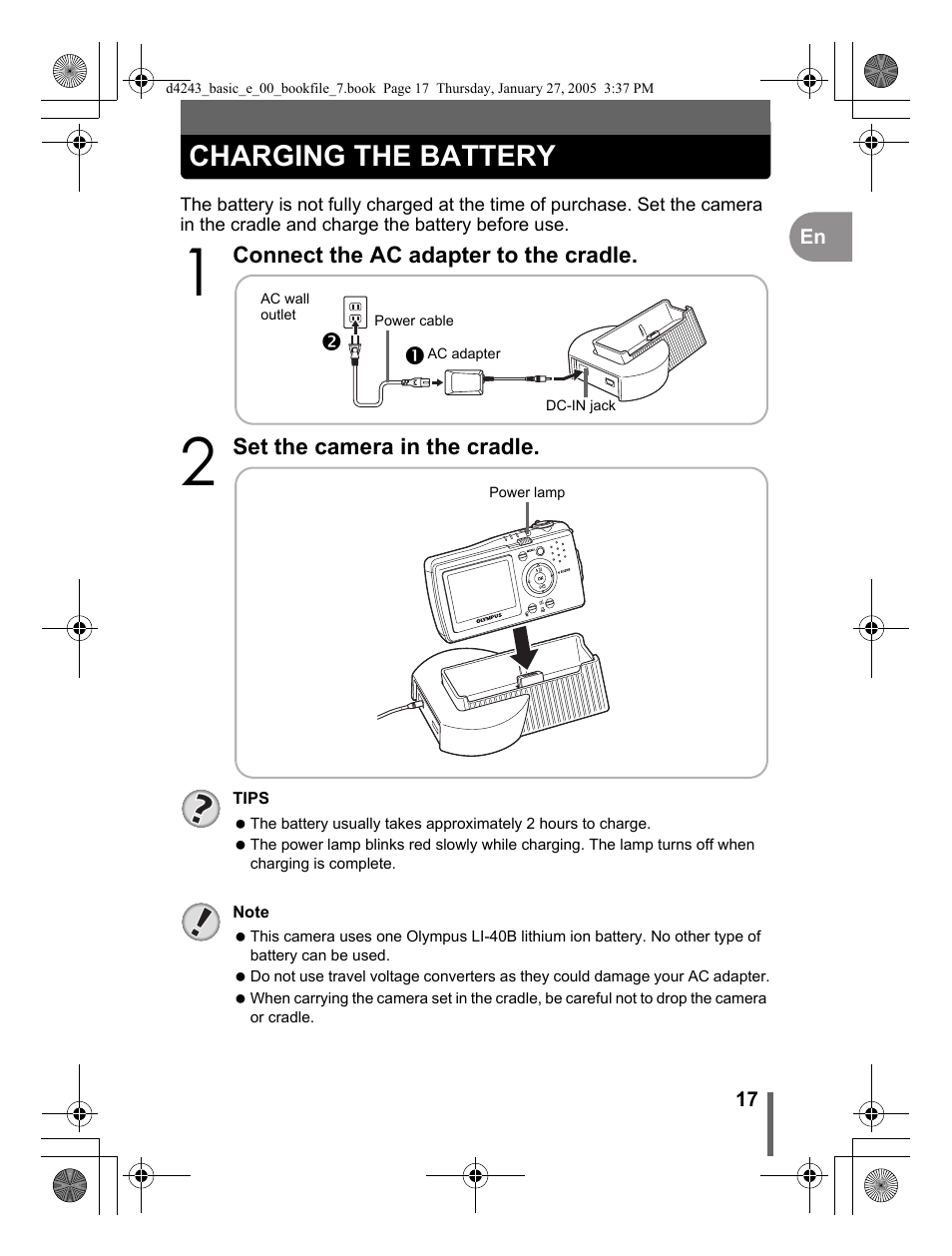 Charging the battery | Olympus IR-300 User Manual | Page 17 / 108