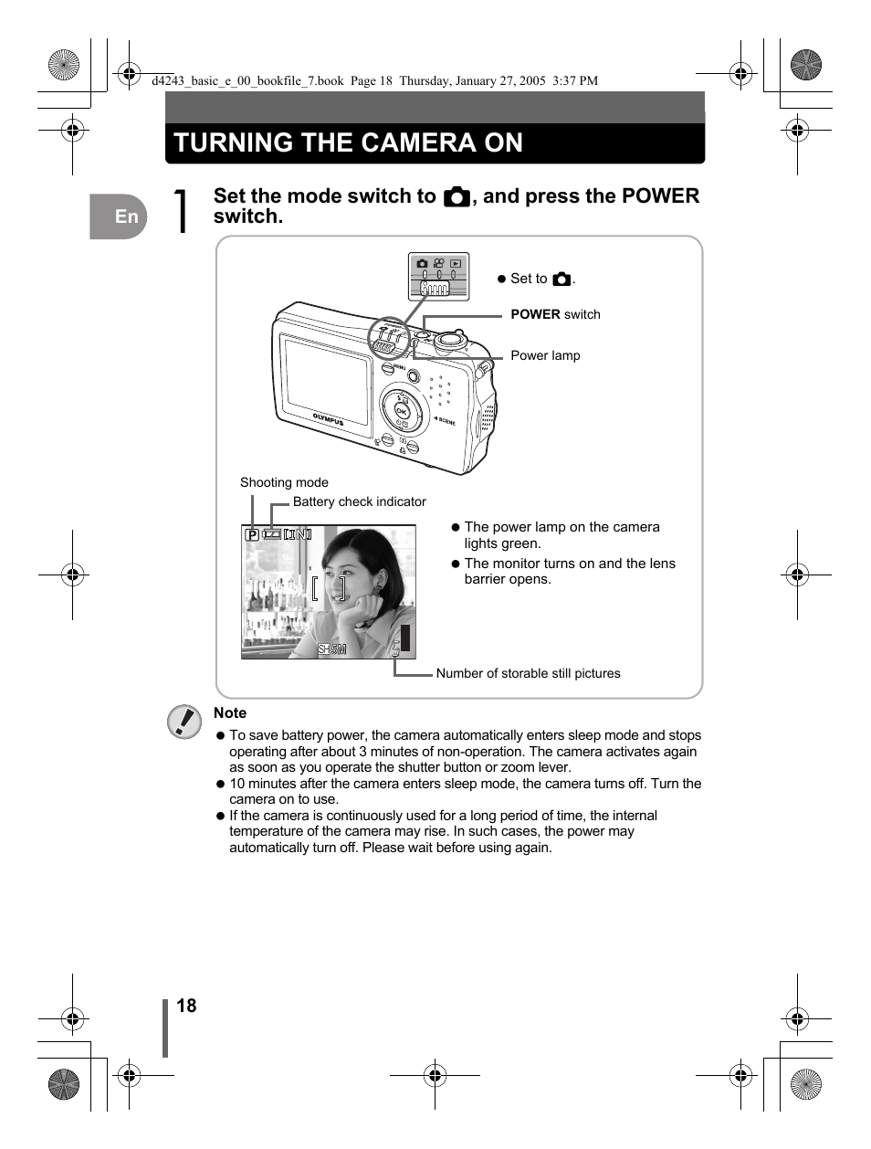 Turning the camera on | Olympus IR-300 User Manual | Page 18 / 108