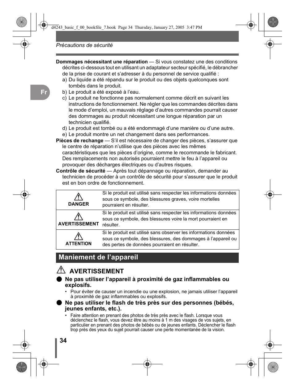 Maniement de l’appareil, 34 fr, Avertissement | Olympus IR-300 User Manual | Page 34 / 108