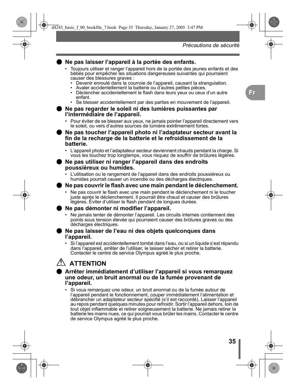 35 fr, Attention | Olympus IR-300 User Manual | Page 35 / 108