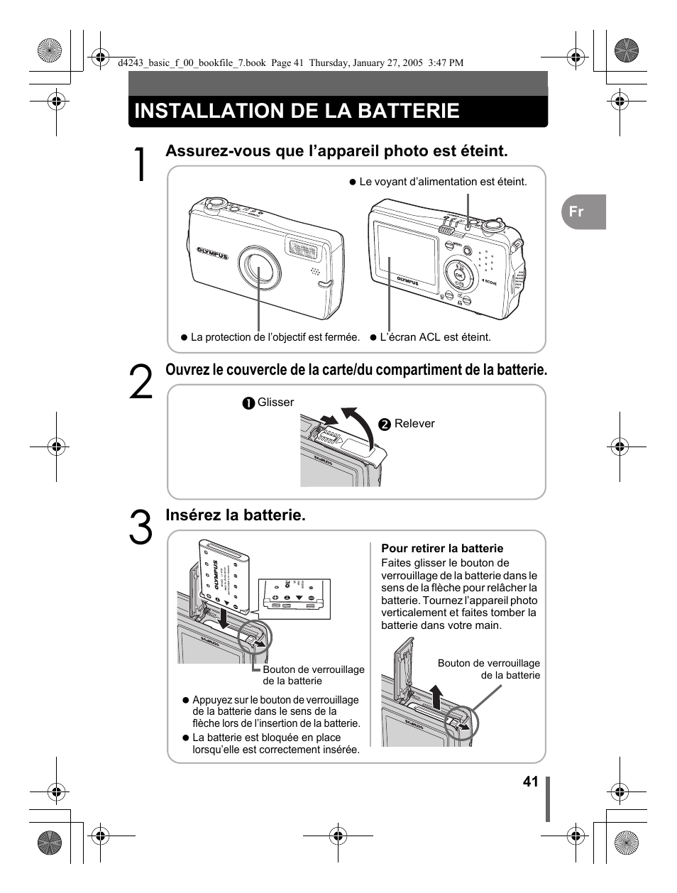 Installation de la batterie | Olympus IR-300 User Manual | Page 41 / 108