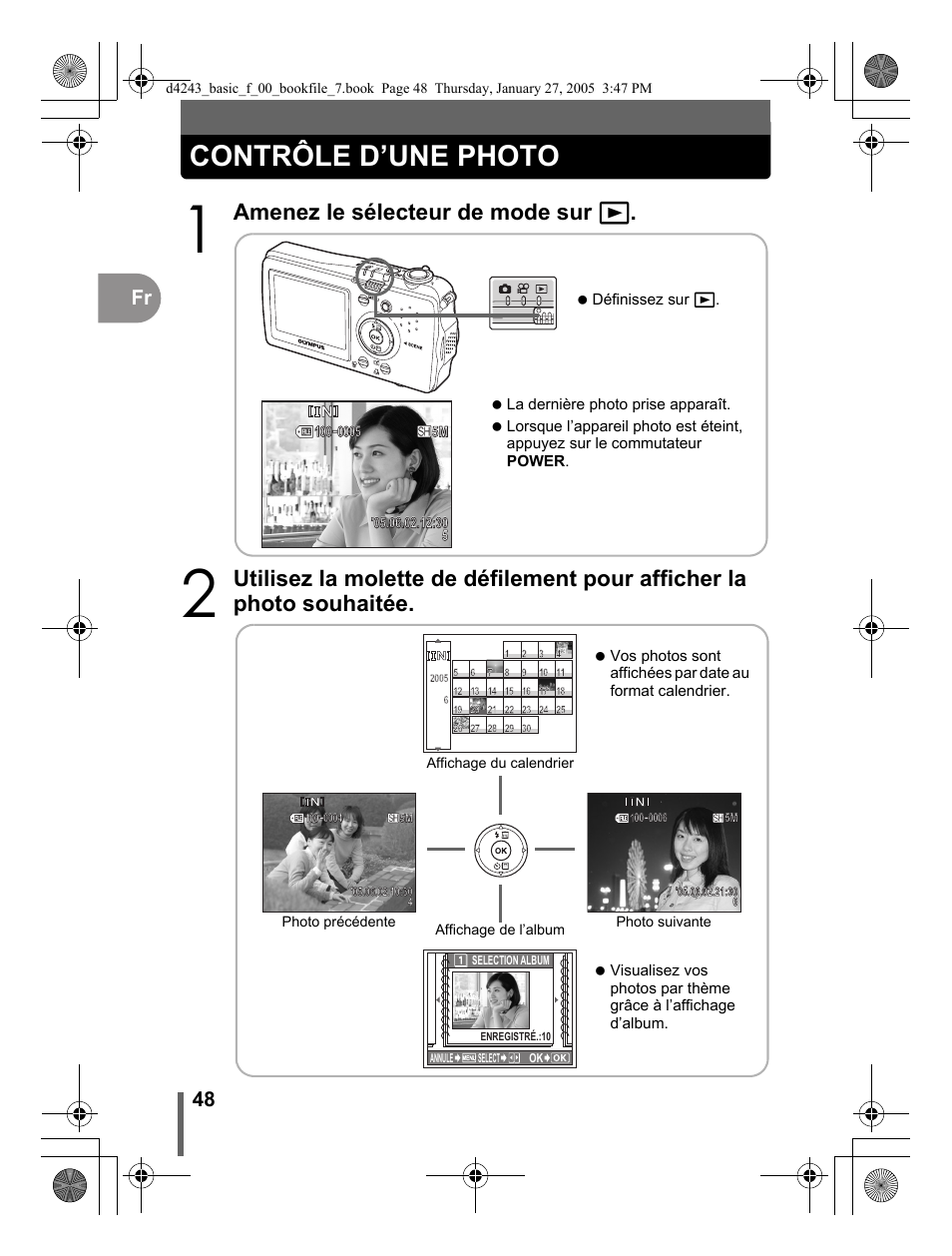 Contrôle d’une photo, Amenez le sélecteur de mode sur q, 48 fr | Olympus IR-300 User Manual | Page 48 / 108