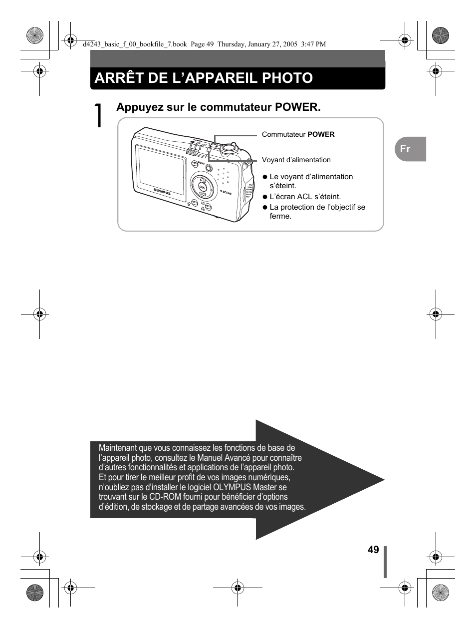 Arrêt de l’appareil photo | Olympus IR-300 User Manual | Page 49 / 108